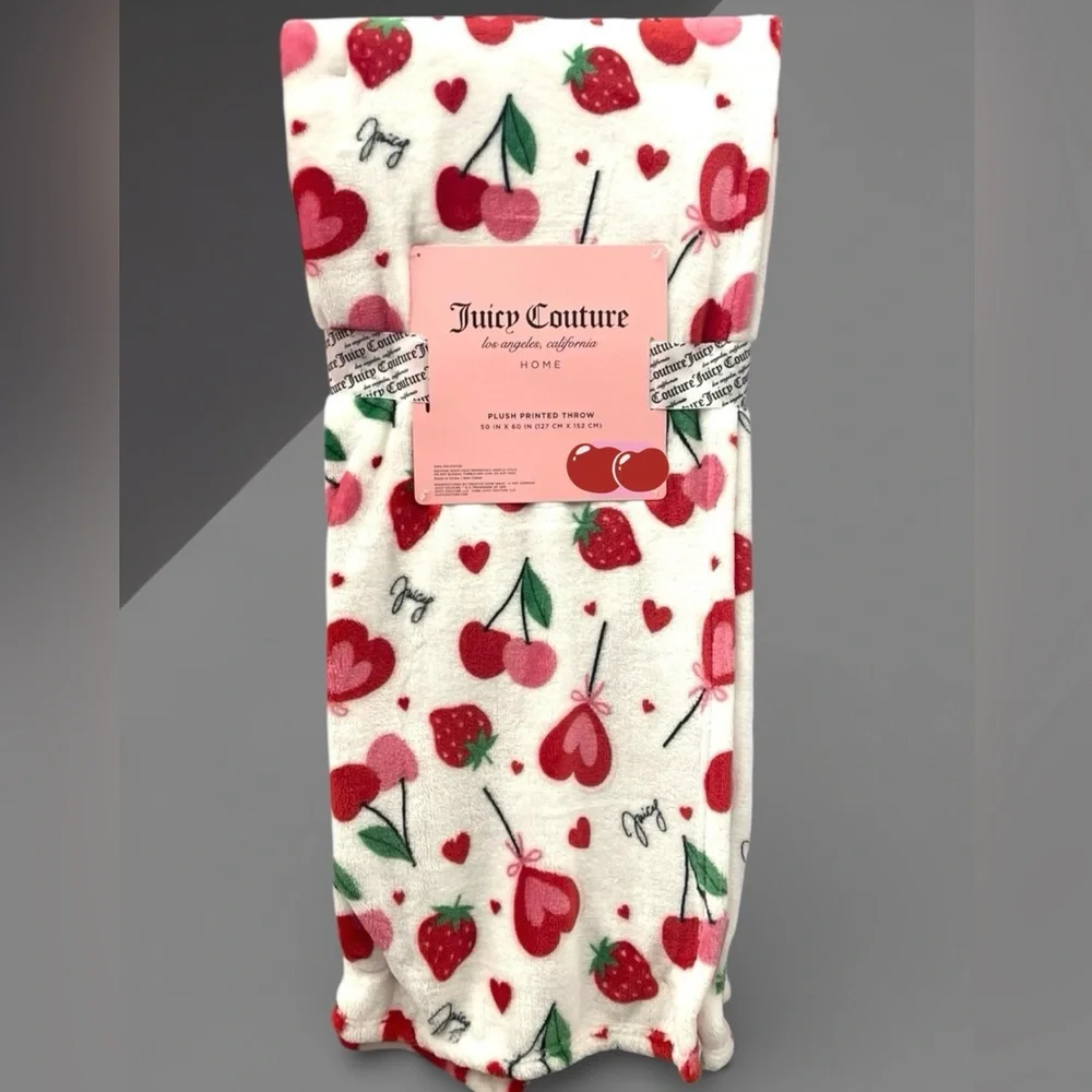 Juicy Couture Plush Throw White w/ Pink Red Hearts Cherries Strawberries NEW NWT